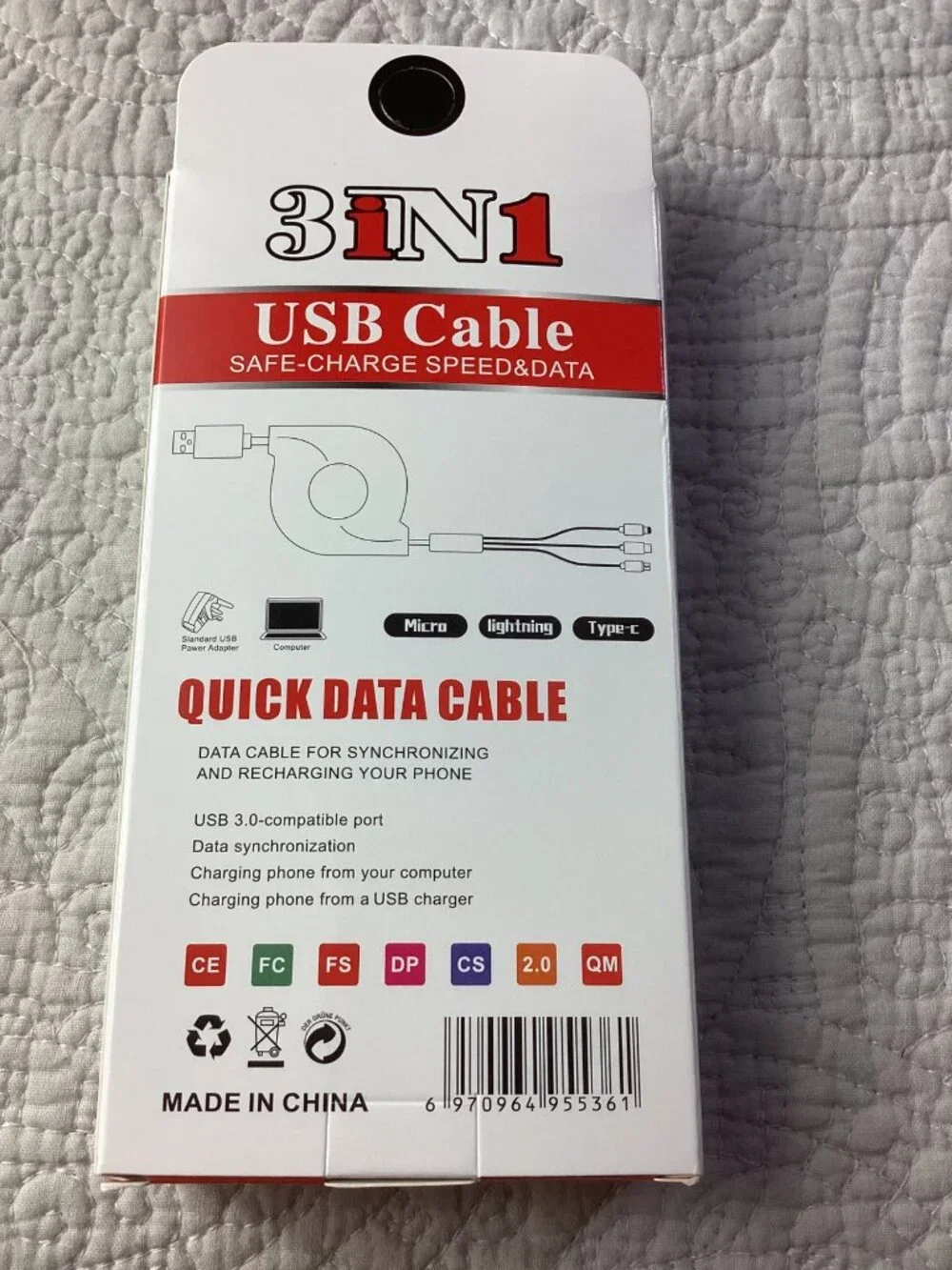 3-In-1 Retractable USB Charging Cable*Type-C Connectors TPE *Quick Sync*NIB